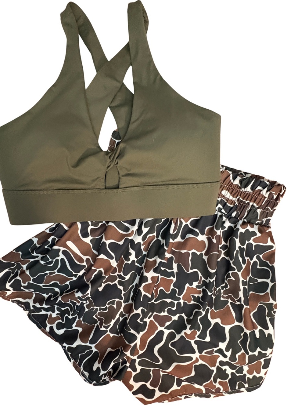 FABLETICS SPORTS BRA & Shorts Set Streetwesr Olive Green Camo Shorts Set SZ M